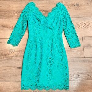Lilly Pulitzer Helene‎ Lace Sheath Dress V Neck 3/4 Sleeve Turquoise Size 0